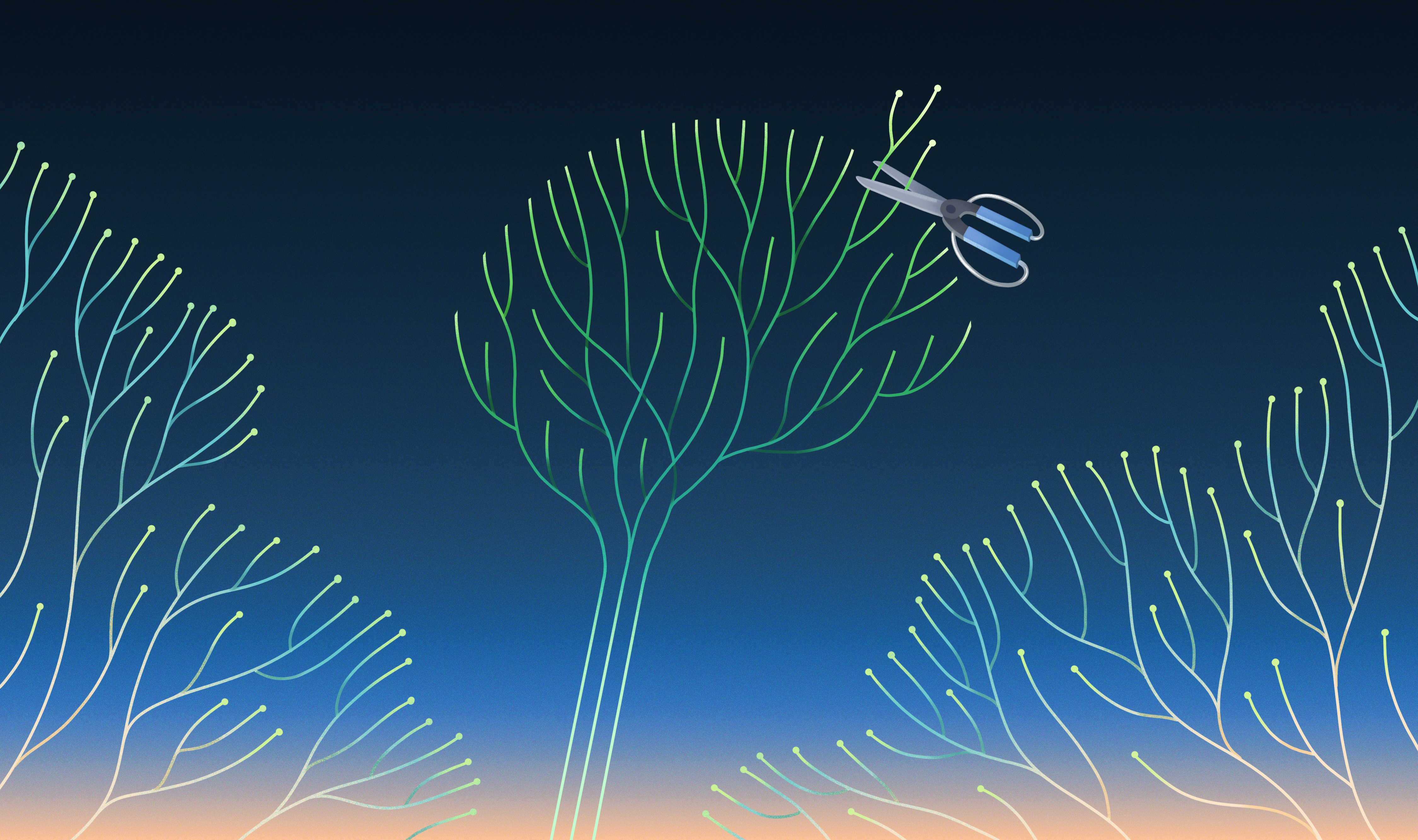 Illustration of scissors trimming neurons that look like the top of trees