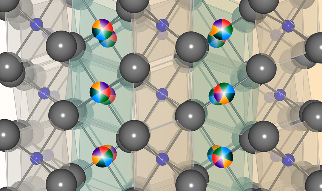 3D illustration of a crystal lattice with gray and blue atoms connected by bonds, overlaid with translucent polyhedra and multicolored circular markers.