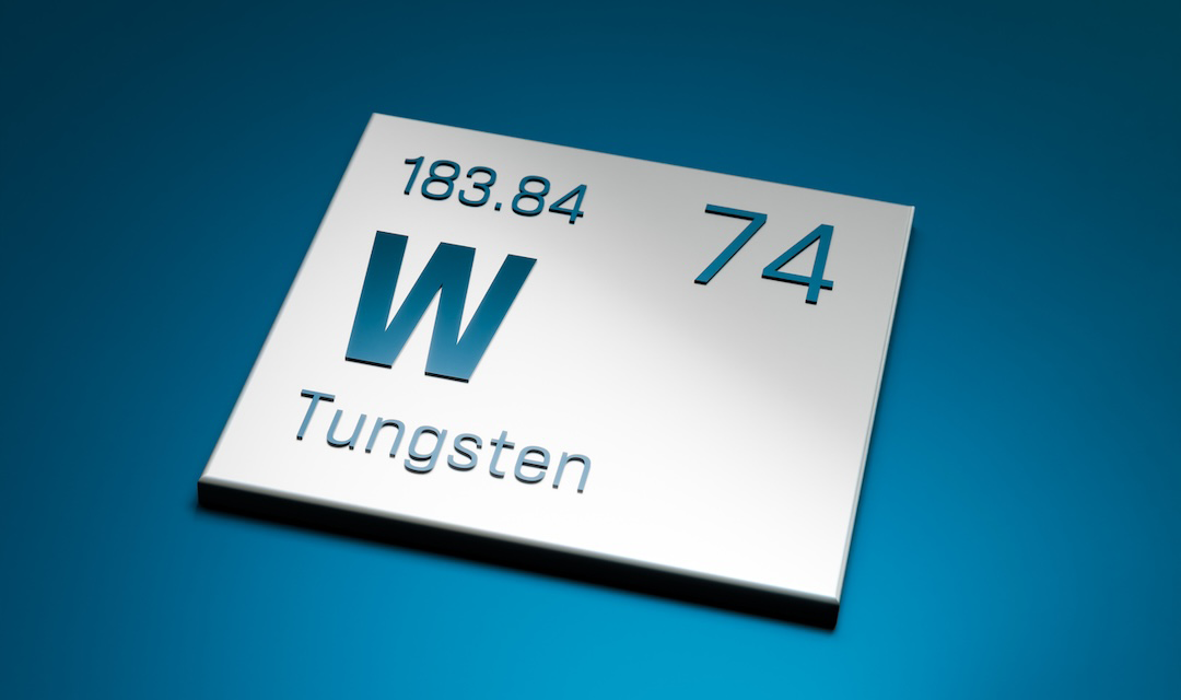 A tile showing the periodic table information for tungsten, including its atomic symbol (W), number (74) and mass (183.84)