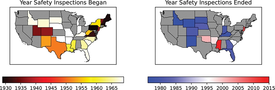 Two U.S. maps showing the years automotive safety inspections began (left, 1930–1965) and ended (right, 1980–2015) in various states. States are color-coded by year, with gray indicating states without a displayed year.