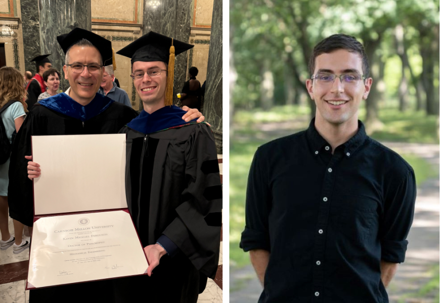 faculty member and student standing in regalia holding diploma on left; headshot of male on right