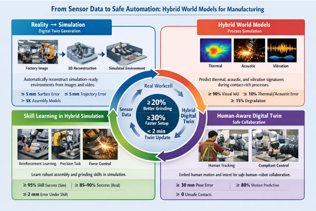 Infographic showing a hybrid digital twin workflow for manufacturing, linking sensor data to simulation and hybrid world models, with panels for digital twin generation, skill learning, process-signal