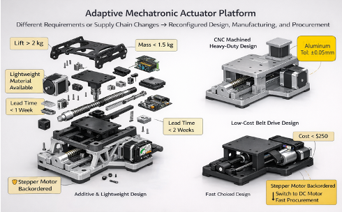 Exploded and assembled views of an adaptive mechatronic actuator platform, comparing additive lightweight and CNC-machined designs with notes on lift capacity, mass, lead time, cost, and stepper motor